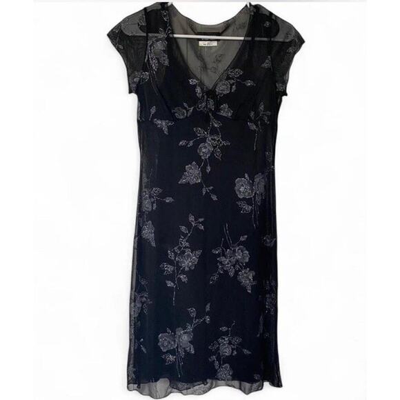 Vintage Y2K 90s Byer Too! Black Mesh Dress Silver Glitter Floral Design Sz M - Picture 4 of 6